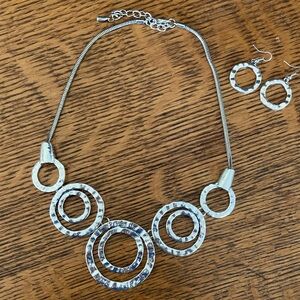 Silver Metal Circle Pendant Necklace and Earring Set